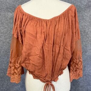True Destiny Orange Gauze Embroidered Lace Bell Sleeve Boho Crop Top Womens XL